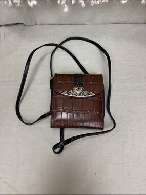 Vintage Brighton Brown Croc-Embossed Crossbody Bag with Heart Accent